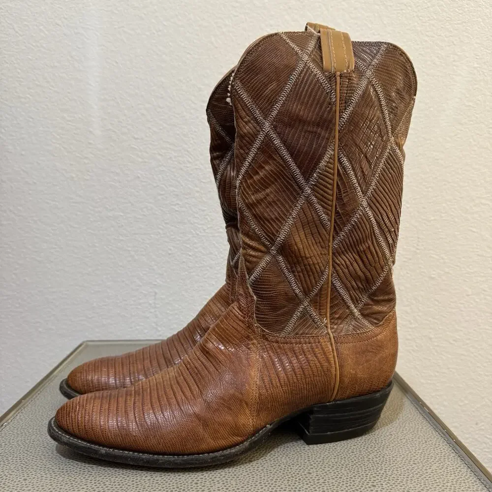 Tony Lama Vintage Gold Label Teju Lizard Patchwork Cowboy Boots Size Mens 10